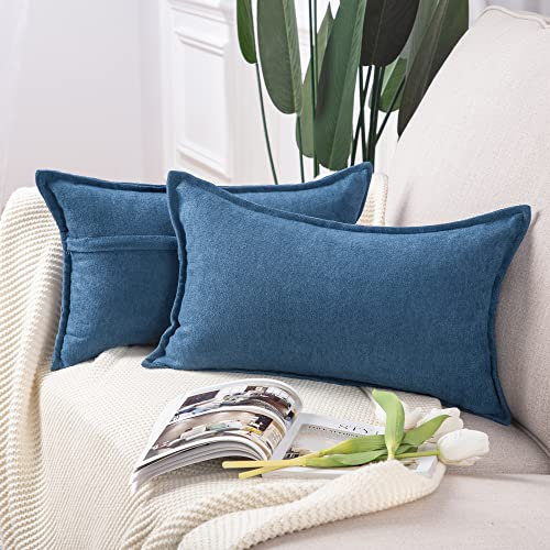 Madizz 2er Set kurzen Chenille Zierkissenbezüge weicher dekorativer Kissenbezug für Sofa, Schlafzimmer Kissenhülle Denim Blau 40x80 cm Rechteckig