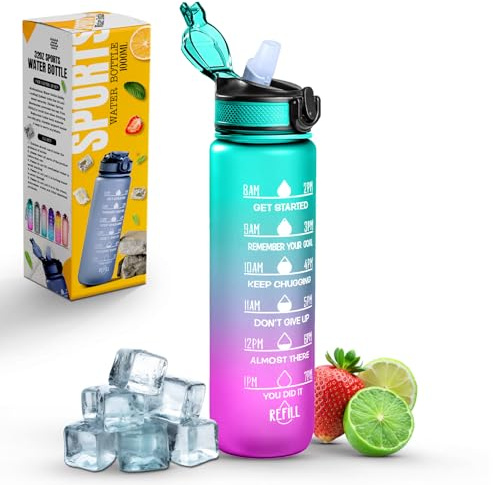 Roe Tenpo Sports Water Bottle with Straw and Time Marking, and 32OZ Capacity - Motivational and Eco-Friendly BPA-Free Bottle for Running, Gym, Yoga, Outdoors, and Camping (Style-1, Green-Pink)