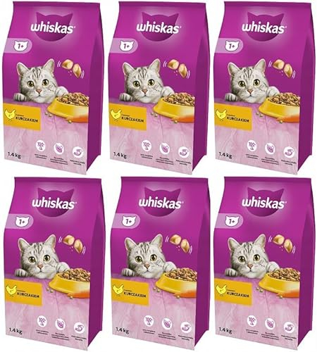 Whiskas Adult 1+ Katzentrockenfutter mit Huhn, 6 Beutel, 6x1,4kg – Hochwertiges Trockenfutter für ausgewachsene Katzen ab 1 Jahr- unterschiedliche Produktverpackungen erhältlich