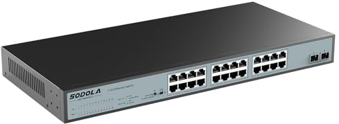 SODOLA Hanterad omkopplare 24 portar 2,5 GB, 24 x T-bas 2,5 G, 2 x SFP 10 G, 160 Gbps switchkapacitet, portisolering, IU rackmontering/utan fläkt/Ethernet-omkopplare ej