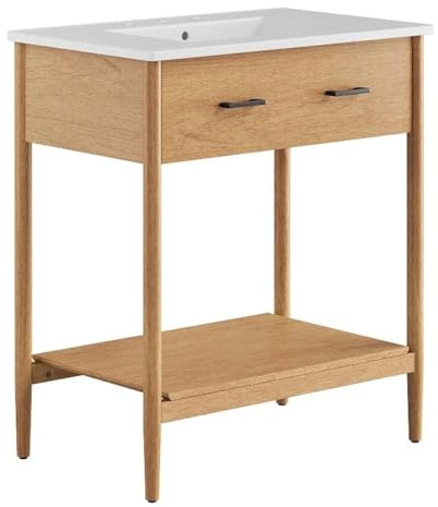 Modway Zaire 30” Mid-Century Bathroom Vanity Washstand in Natural White with Ceramic Sink Basin, 30 Inches
