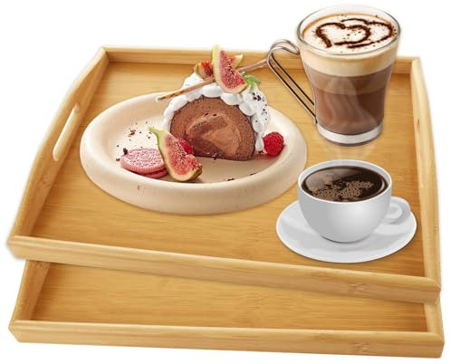 SHUESS 2 Pack Wooden Tray - 40 x 30 x 5cm Rectangular Bamboo Tray with Handles - Trays for Food Serving - Large Serving Trays with Handles for Breakfast, Tea, Coffee, Eating