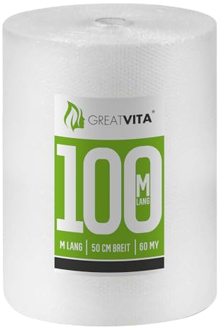 GREAT VITA GreatVita 1x Luftpolsterfolie 50cm x 100m 60my - Schutzpolsterfolie für empfindliche Gegenstände | Versand- und Verpackungsfolie für Umzüge100% recycelbar, Premium Qualität Noppenfolie