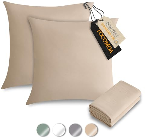 TOCOMOA Kissenbezüge 40x40 cm 2er Set - 100% Gewaschene Baumwolle 300 Fadenzahl, Verdickter Atmungsaktiver Bezug mit Leinenoptik & Reißverschluss - Beige Oeko-TEX Zertifiziert für Hotelkomfort
