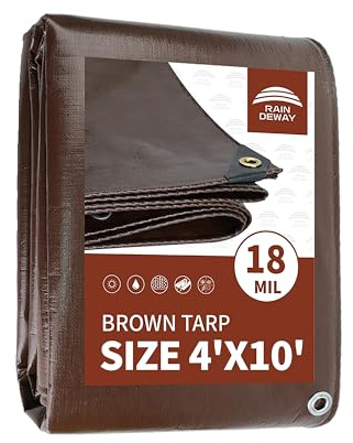RAINDEWAY 4x10 Feet Super Heavy Duty 18 Mil Brown Poly Tarp Cover, UV Resistant, Weatherproof, Multipurpose Waterproof Poly Tarp with Grommets and Reinforced Edges