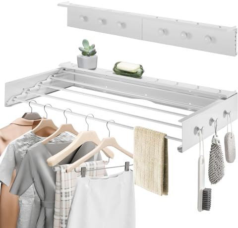 Fachmach Stendibiancheria da Parete, Stendino da Muro Richiudibile Esterno e Interno,80 cm, con 6 Ganci,Spazio Efficiente e Versatile,Capacità 30 kg (Bianco, 80 CM)
