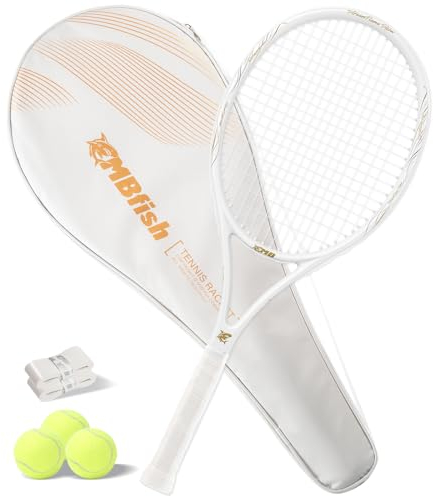 MBFISH Tennisschläger – Super Value Set mit vorbespanntem, komfortablem Griff, 68,6 cm Tennisschläger für Erwachsene, inklusive 3 Tennisbälle, 2 Overgrips und 1 Tennistasche, Weiß