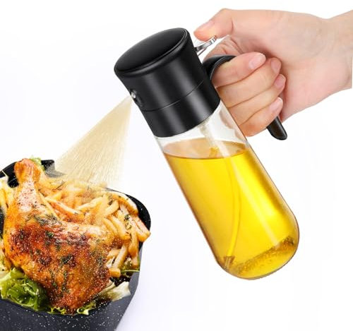 Euqvunn Ölsprüher, Glas-Ölsprühflasche [Feiner Sprühnebel & Verstopfungsfreier Filter] Ölsprüher Ölspray Ölzerstäuber für Speiseöl, Airfryer, Ofen, Grill, Salat, Öl/Essig/Soße, Klein Tragbar 280 ml