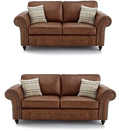 Oaklands Furniture Sofas – Oakland 3+2 Seater Sofa in Brown Suede Leather | Compact & Comfortable | Oakland Leather Sofas | Vintage Style with Brass Studs