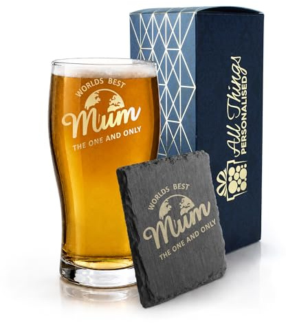 Graverat pintglas och skifferunderlägg presentset med världens bästa mamma, mors dag gåva, födelsedagspresent till henne, presentförpackad, dryckesunderlägg, ölgåva