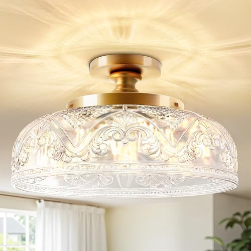 Slypadan Semi Flush Mount Ceiling Light, 12 Inch Large Gold Ceiling Light Fixture, 3-Light Globe Glass Farmhouse Kitchen Lighting Fixtures for Bathroom, Hallway, Dining Room (Bulb Not Included)