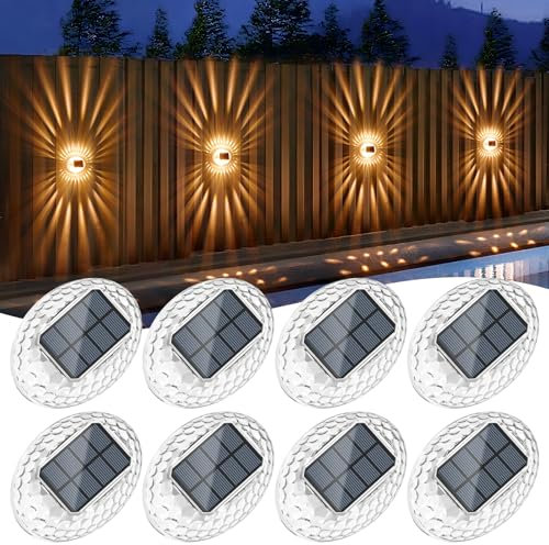 Quntis Warm White Solar Fence Lights 8Pack, 360°Lighting Effect Outdoor Wall Lights, Auto On/Off IP44 Waterproof Garden Security Light for Balcony Stair Garage Road Shed Patio Yard Porch Front Door