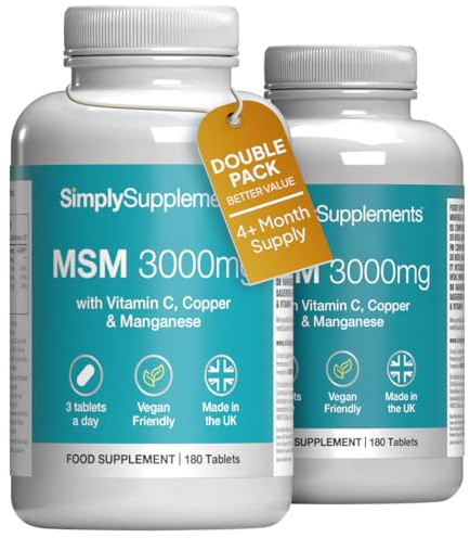 MSM 3000mg with Vitamin C, Copper & Manganese | 360 Vegan Tablets | UK Made | Vitamin C supports collagen formation for cartilage and skin | Copper & manganese support connective tissue