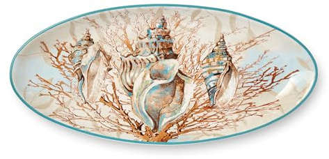 Escape to the Sea - Piatto da portata per pesce, 40 x 21 cm, design con conchiglie costiere e corallo, in ceramica resistente, lavabile in lavastoviglie, elegante vassoio da portata ispirato