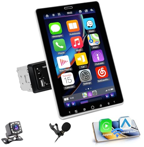 Hikity 1 DIN Autoradio con 10.1” IPS Giratorio Touchscreen Bluetooth 5.2 Wireless Carplay Andriod Auto FM Am RDS Radio con USB AUX IN TF Card EQ SWC Autoradio Cámara Trasera Mirror Link DVR(Support)