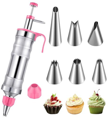 HAPPOW Siringa per torte, in acciaio inox, con 6 beccucci, riutilizzabile, per cupcake, torte, biscotti, ciambelle, pasticcini (rosa)
