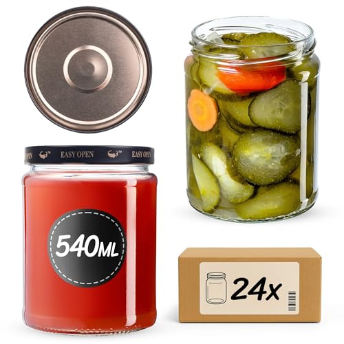 KADAX Konservburkar på 540 ml med fi82 mm skruvlock, konserveringsburkar för konservering, inläggning och förvaring, syltburkar, fallburkar, förvaringsburkar, runda glas (svart/guld, 24 stycken)