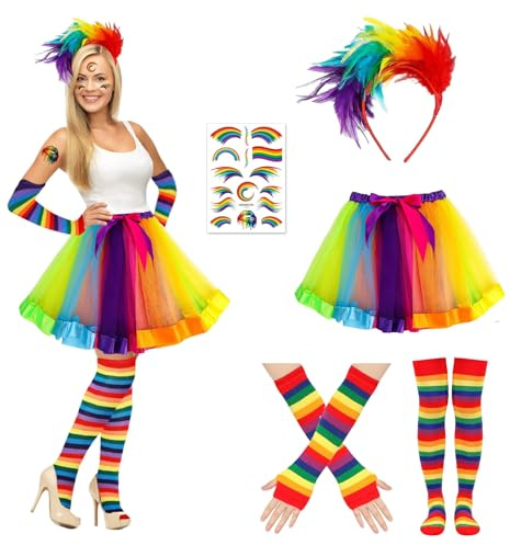 Disfraz de Carnaval Mujer Arcoíris, Falda de Tul Arcoiris Mujer, con Diadema de Plumas de Colores, Arcoíris Guantes Sin Dedos, Ar-coíris Calcetines Hasta Rodilla, Pegatinas, Para Carnaval Fiesta