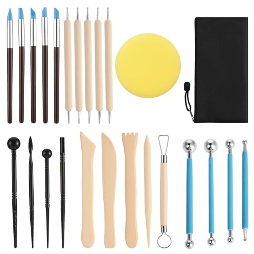 Avemest Set de Herramientas para Modelar de 25 Piezas, Piezas Herramientas Arcilla con Bolsa Ceramica, Kit de Cerámica para Principiantes, Para DIY Cerámica Manualidades Tallado Artístico y Escultura