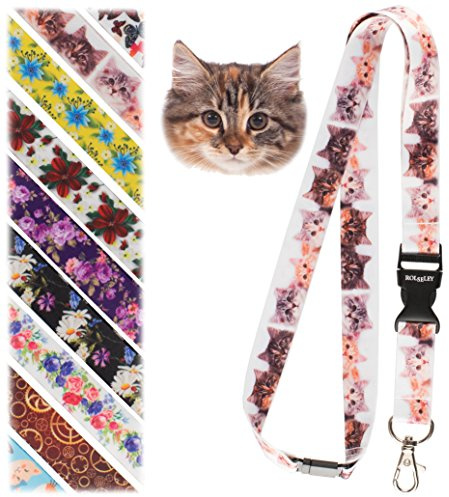 RolSeley Courroie de Cou de Lanière Blanc avec Chatons Mignons - Tour de Cou porte Badge avec Clip Métal Amovible et Clip de Sécurité - Idéale Pour Les Clés de Badge D'identification