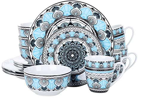 VEWEET, Vajilla serie 'AUDRIE' de porcelana, 16 piezas incluye platos llanos de 10,75 pulgadas, plato de postre de 7,5 pulgadas, cuenco de 5,5 pulgadas y taza de café de 380 ml, servicio completo para
