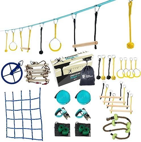 France Trampoline – Slackline et Parcours d'obstacles pour Enfants – Parcours Ninja Max avec 16 Obstacles et Slackline de 25m - Jeu d'Extérieur pour Enfants et Adultes avec Echelle, Filet d’Escalade