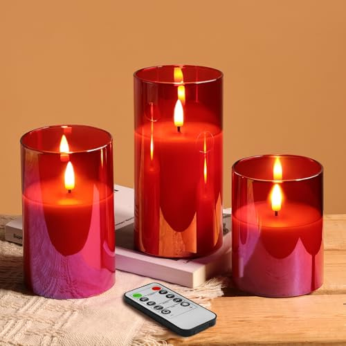 Eywamage Red Glass Flameless LED Candles with Remote, Flickering Battery Christmas Pillar Candles Set of 3