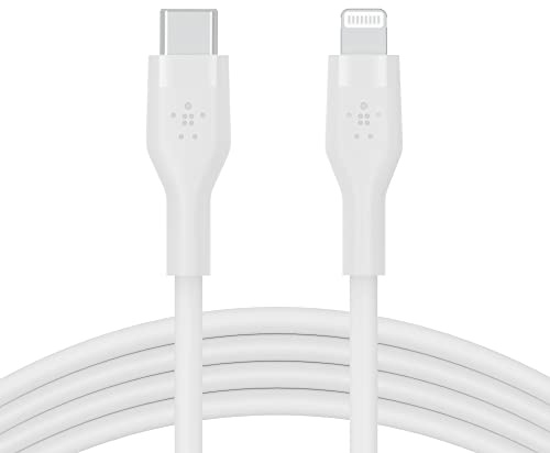Belkin BoostCharge Flex Silicone USB Type C to Lightning Cable (2M/6.6ft), MFi Certified 20W Fast Charging PD Power Delivery for iPhone 14/14 Plus, 13, 12, Pro, Max, Mini, SE, iPad and More - White