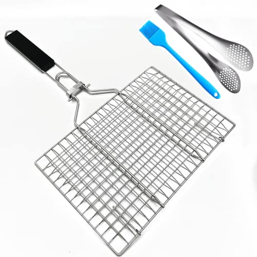 HTIAM Stainless Steel BBQ Grill Basket With Silicone Brush And Stainless Steel Tong Barbecue Fish Grill Basket for Outdoor Grill Foldable Vegetable Grilling Rack