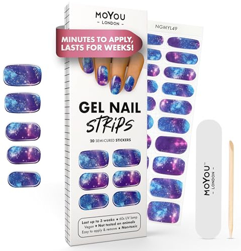 MOYOU LONDON Semi Cured Gel Nail Strips - 20 Pcs. Waterproof Gel Nail Wraps, Cures in Sunlight or UV/LED Lamp, Lasts Up to 2+ Weeks, Stretchable, Easy to Apply & Remove, Vegan & Cruelty-Free