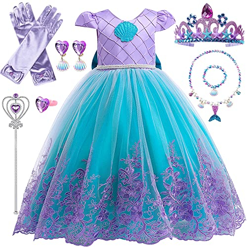 YYDSXK Robe Princesse Fille, Sirène Costume Déguisement Enfant avec Ensemble de Collier de Couronne, Ariel Robe Princesse Bébé pour Costume Halloween Anniversaire Fêté Carnaval Cosplay (120cm)