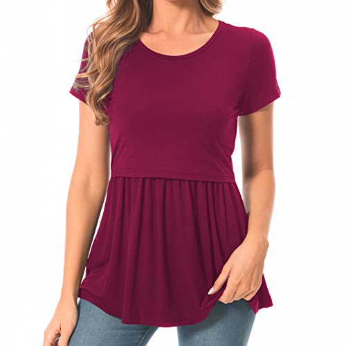Bearsland Women's Nursing Tops Short Sleeve Scoop Neck Breastfeeding Shirt Maternity Clothes,Wine red,M