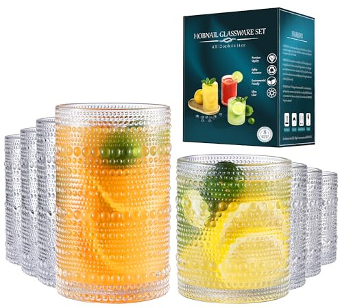 ISMASOAN Vintage Hobnail Drinking Glasses Set of 8, Cocktail Glasses 14 oz and 12 oz, Cups for Kitchen, Beaded Glassware, Highball Glasses for Whiskey, Juice, Water, Beer