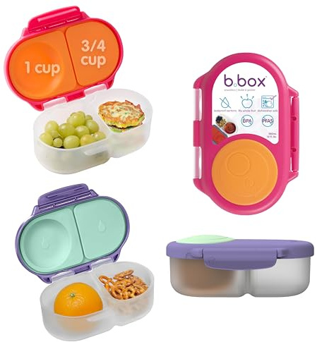 b.box 2 confezione Bento Snackbox | Contenitore alimentare a doppio compartimento a doppio scomparso e a prova di perdite | Ideale per bambini piccoli, pranzo per bambini + spuntini | Rosa/Viola