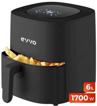 EVVO Friteuse à air sans huile de 6 l, 1 700 W, récipient antiadhésif, technologie Dual Cyclone, multifonction, four, déshydratation, décongélation, jusqu'à 200 °, arrêt automatique (Noir)