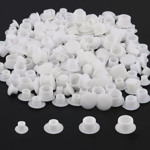 200 Pièces Cache Trou Bouchon Plastique, Cache Trou Meuble 5/6/8/10mm, Bouchons Blancs pour Cache-Vis, Bouchon de Trou de Percage pour Meuble, Étagères, Armoires
