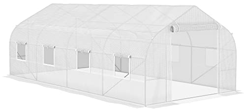Outsunny Serre de Jardin Tunnel 600 x 300 x 200 cm Porte + 8 fenêtres enroulables métal galvanisé bâche PE Haute densité 140 g/㎡ idéale pour Toutes Saisons Blanc