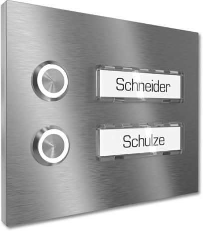 Graviers Design Timbre multifamiliar de superficie con pulsador LED 2 placas de nombre - V2A de acero inoxidable 140x115 mm - Iluminación de nombre seleccionable para puerta