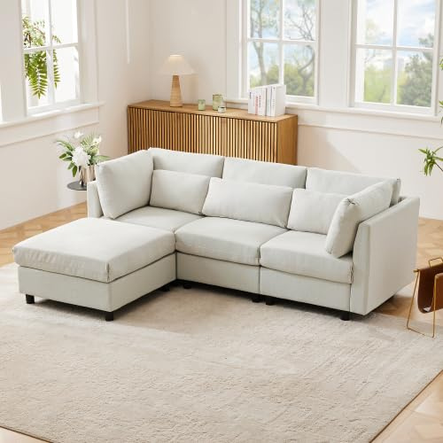 KUAKE Divano imbottito moderno, a tre posti, a forma di L, beige, 220x83x81cm