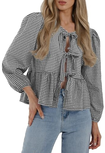 PRETTYGARDEN Women's Spring Fall Babydoll Peplum Blouse Shirt Puff Long Sleeve Bow Tie Front Trendy Cute Y2K Going Out Tops (Plaid Black,Medium)