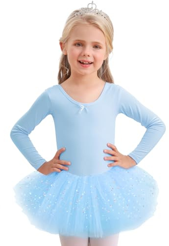 Aiseyi Vestido de ballet de manga larga para niña, vestido de ballet con falda de algodón, maillot de ballet, traje de ballet, tutú de ballet, vestido de danza, azul, 100