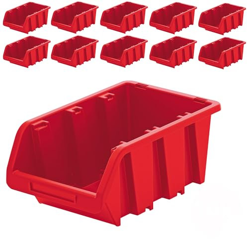 PECZEKO Cassetta impilabile da officina, in plastica PP, scatola impilabile, scatola per riporre gli attrezzi, scatola portaoggetti, scatola portaoggetti, scatola per smistamento, colore rosso, 10