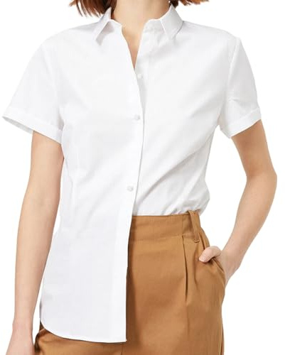 JiaYouLC Women's Short Sleeve Blouses & Shirts Stretch Button Down T Shirts Executive Office Business Casual Tops for Ladies (UK, Alpha, XS, Regular, Regular, White)