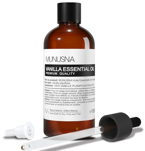 Huile Essentielle Vanille 100ML, MUNUSNA Huile Essentielle Naturelle Pure pour Diffuseur, Huile de Vanille pour Savons DIY, Bougies Arômes, Vanilla Oil