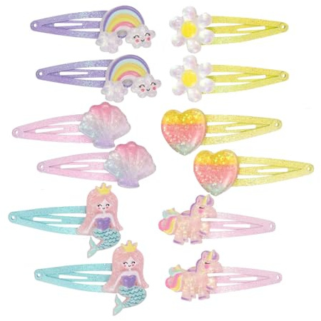 Glitter Hair Clips for Girls,12 Pcs Girls Hair Clips,Barrettes Mermaid Unicorn Rainbow Flowers Shell Snap Hairs Pins,Cute Sparkly Cartoon Hair Accessories for Baby Girls Teens Toddlers