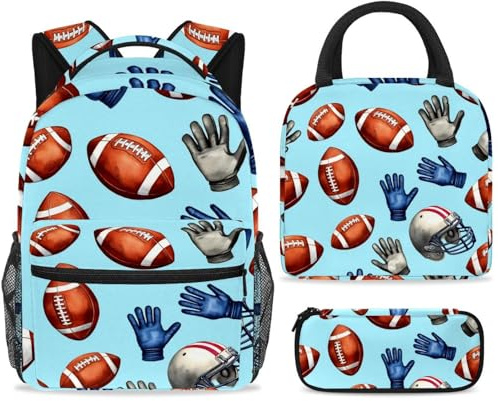 ewndhtse School Backpack Set with Lunch Bag Pencil Case, 3 Pcs School Bookbags Set Travel Rucksack Casual Daypack for Teens Girls Boys Primary Junior Middle - American Footballs Helmets Gloves