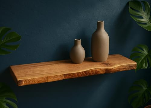Living Oak Wandregal Eiche No.3, Schwebendes Wandregal, Massivholz Eiche, Wandmontage, für Wohnzimmer Küche Schlafzimmer, 20-25cm Tiefe, Verschiedene Längen (140 x 25 cm)