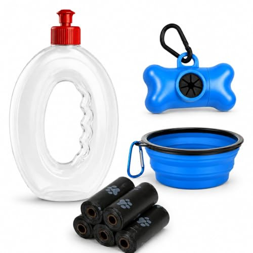Botella para Perros 3 en 1 con Bebedero Plegable y Dispensador de Bolsas – Kit Paseo Higiénico con 75 Bolsas Incluidas – Botella 500 ml para Limpiar Pipí (Azul)