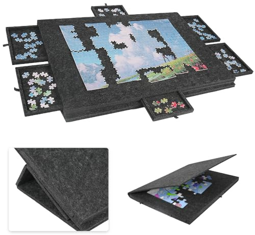 Tapis Puzzle 1000 Pieces en Feutre Léger, Table & Plateau de Puzzle 1000 Pieces avec 6 Tiroirs de Tri, Support Puzzle Inclinable pour Adultes, Accessoires de Puzzle pour Convient à Tous Les âges