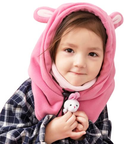 TRIWONDER Cagoule Enfant Polaire Hiver Cache Cou Bonnet Écharpe Chapeau Tour de Cou Animal Mignon Coupe-Vent pour Garçon Fille (A - Rose - Lapin)